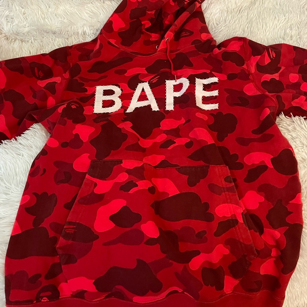 A Bathing Ape Pullover Hoodie Camo Rhinestone Tops Mens L Size Red